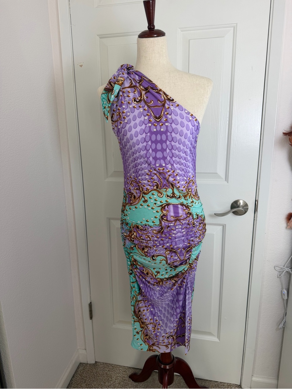 VENUS Mint‎ & Lavender Baroque-Print One-Shoulder Dress